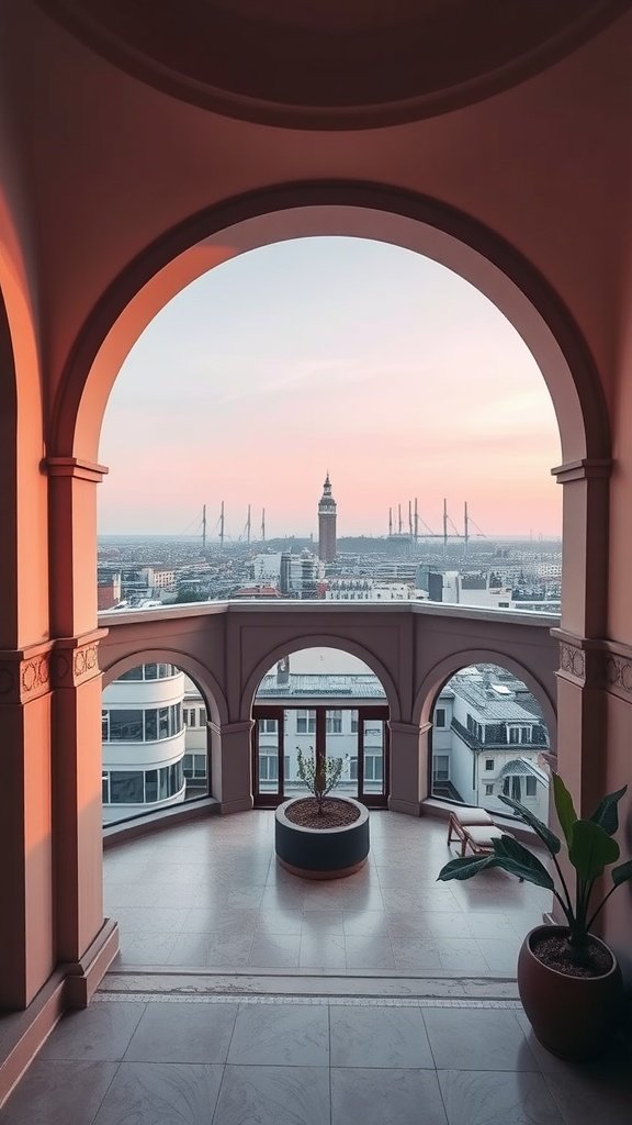 Interior view of a luxury penthouse featuring architectural arches with a cityscape in the background.