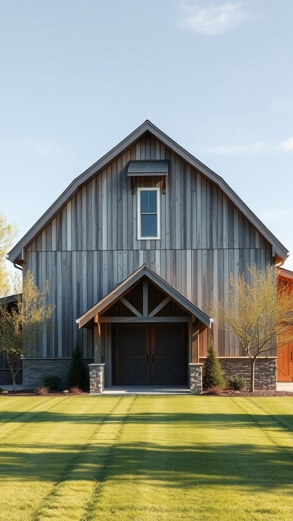 A modern barn house with a wooden exterior and stone accents, featuring a gabled roof and inviting front doors.