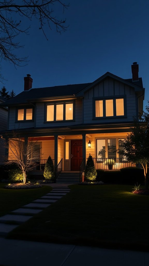 Contemporary house exterior at night with warm lighting