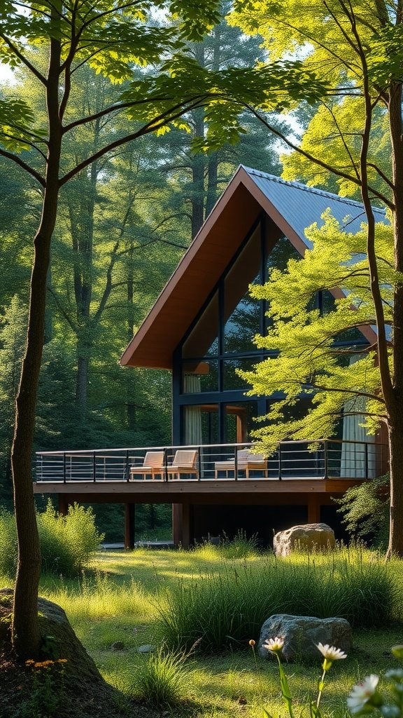 A modern lodge surrounded by lush greenery, featuring a sloped roof and large windows.