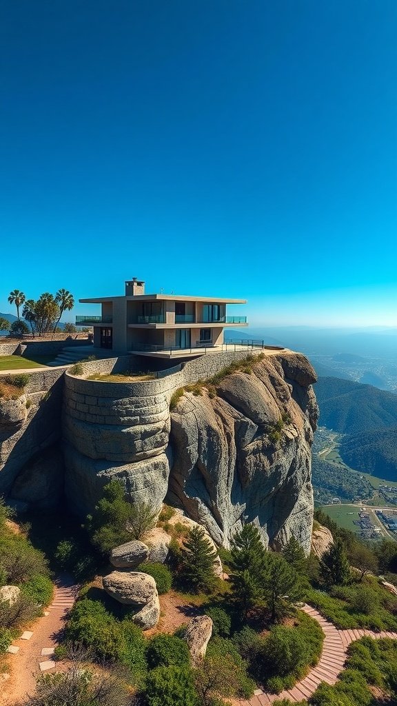 A modern house perched on a cliff with a stunning view of the landscape.