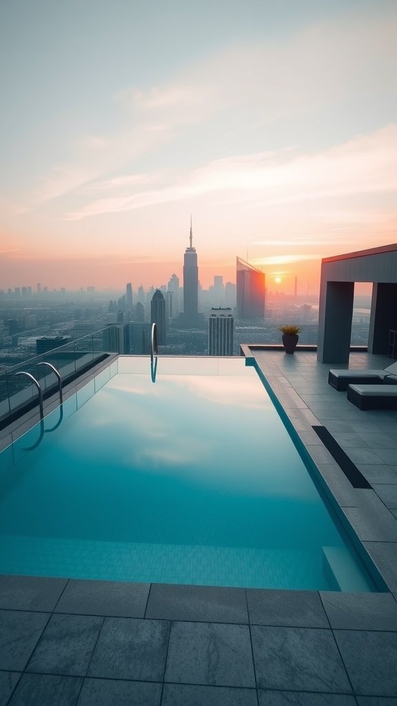 Rooftop pool overlooking a city skyline during sunset