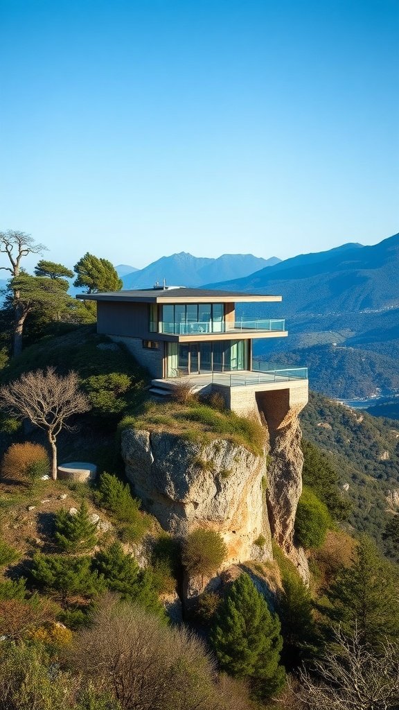 Modern hillside house perched on a rocky outcrop with scenic mountain views