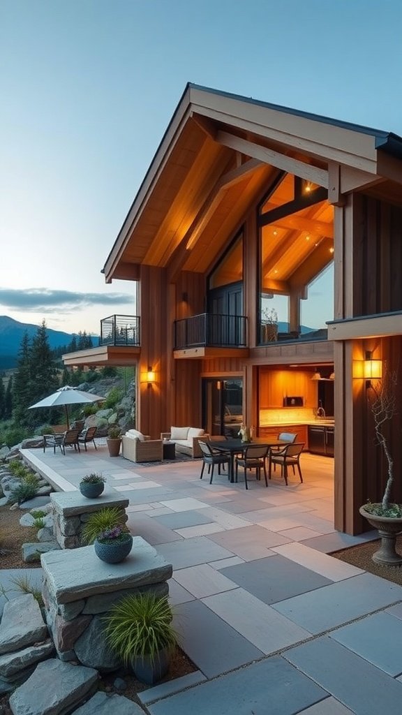 Modern mountain home with a spacious outdoor patio for entertaining.