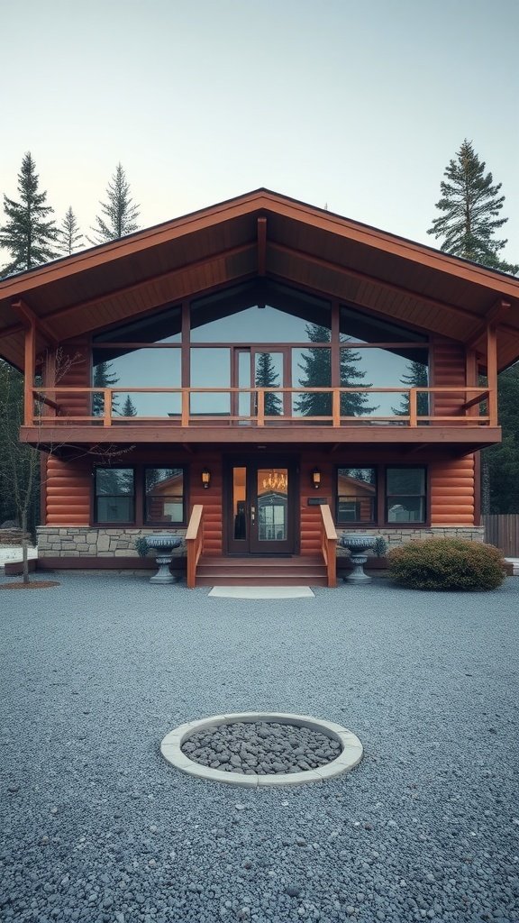 Mid Century Modern cabin showcasing architectural symmetry with a large glass front and wooden accents.