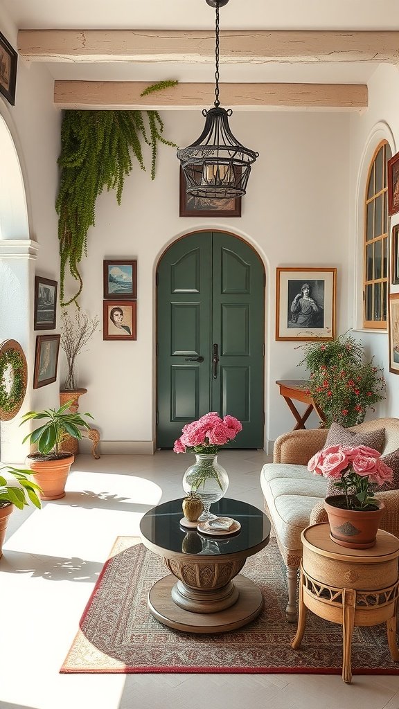 A cozy entryway featuring a green door, art on the walls, potted flowers, and a comfortable sofa