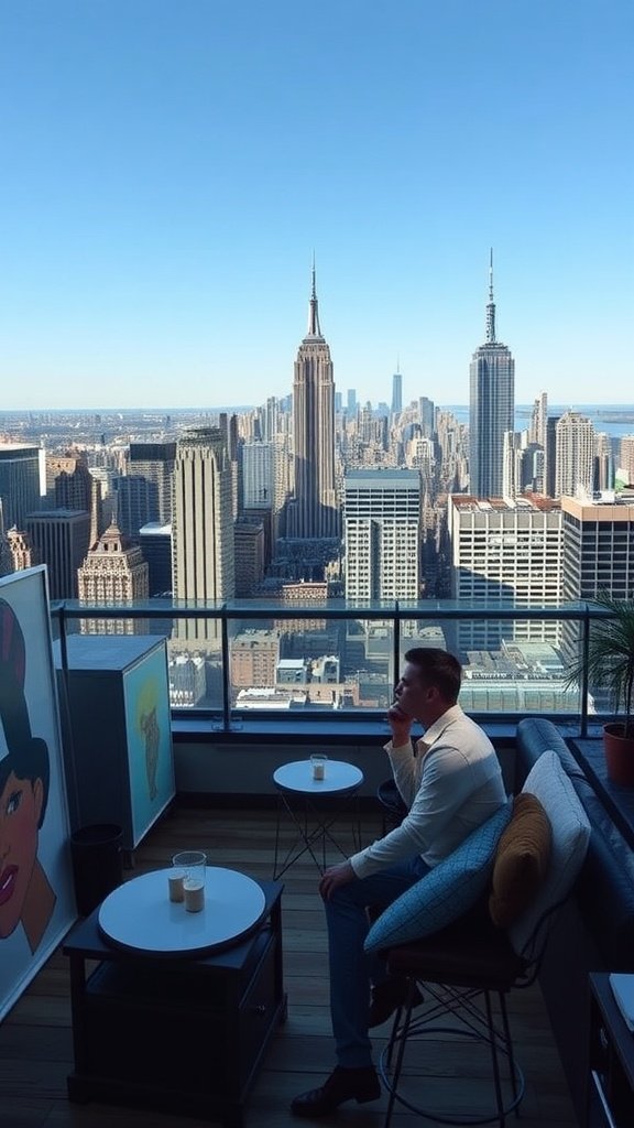 A man sitting in a stylish penthouse with a view of the NYC skyline, featuring artwork and modern furniture.