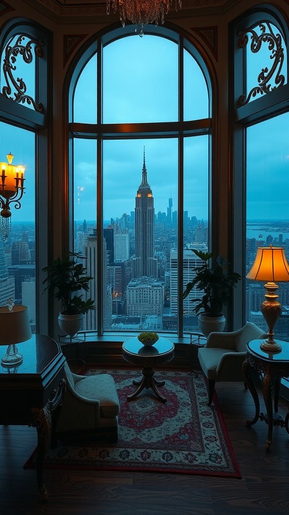 View from a luxurious penthouse in Midtown NYC, showcasing the Empire State Building through large windows, with elegant furnishings in the foreground.