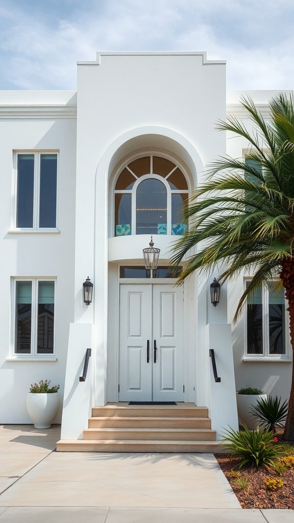 A white exterior home featuring Art Deco design elements, including an arched entrance and modern landscaping.
