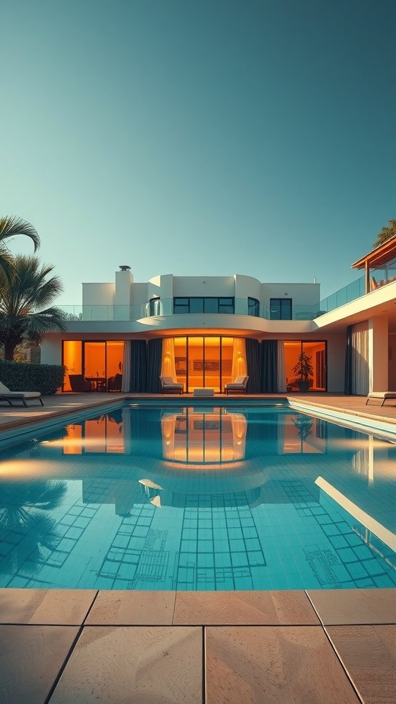 Art Deco inspired house with a luxurious pool reflecting the vibrant colors of the sunset.