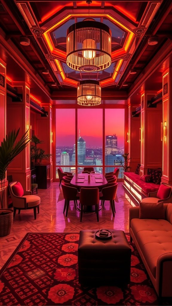Luxurious penthouse interior featuring Art Deco revival design elements, with bold red hues and elegant furniture.
