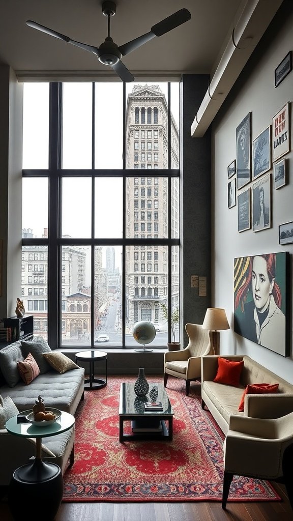 Modern loft in the Flatiron District featuring large windows and Art Deco elements