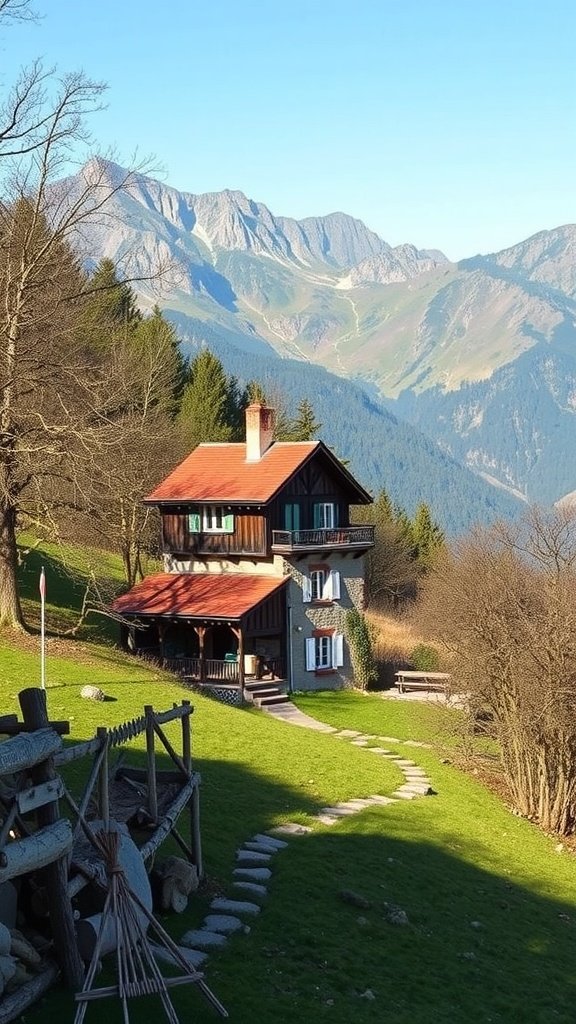 A charming cottage in the Pyrenees mountains surrounded by lush greenery and a clear sky.