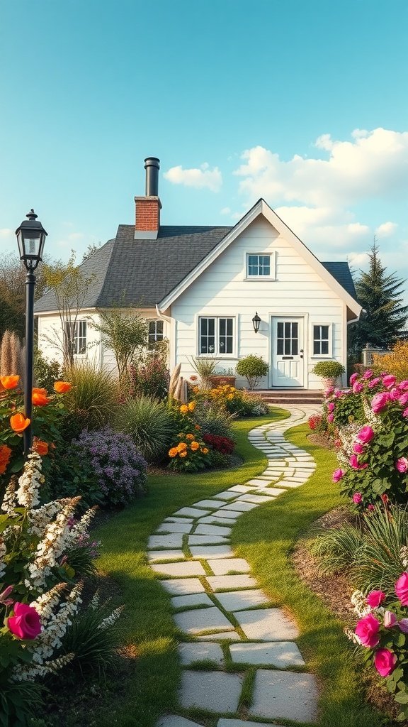 A charming modern cottage with a stone pathway and colorful flowers in the garden