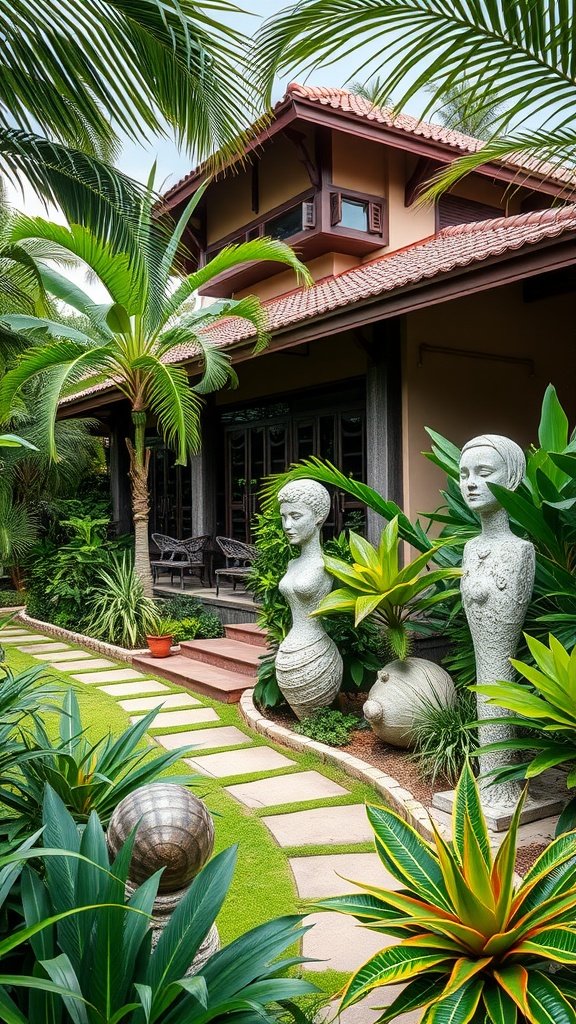 A tropical garden with sculptures and lush greenery surrounding a house