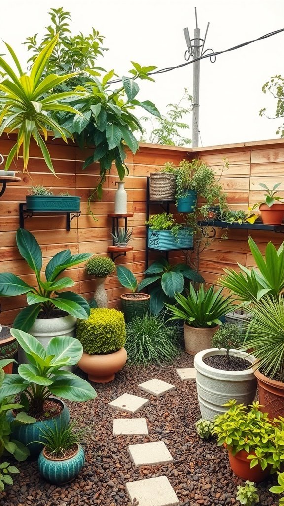 A cozy garden space featuring a variety of plants in colorful pots, surrounded by a wooden fence, with stepping stones leading through the space.