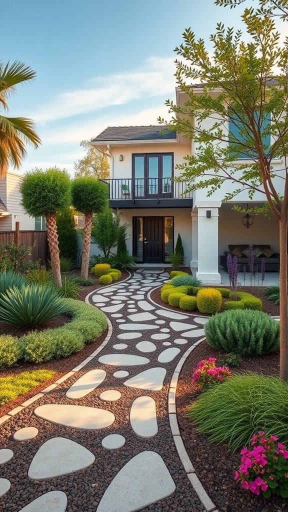 A winding stone pathway with lush landscaping leading to a modern house.