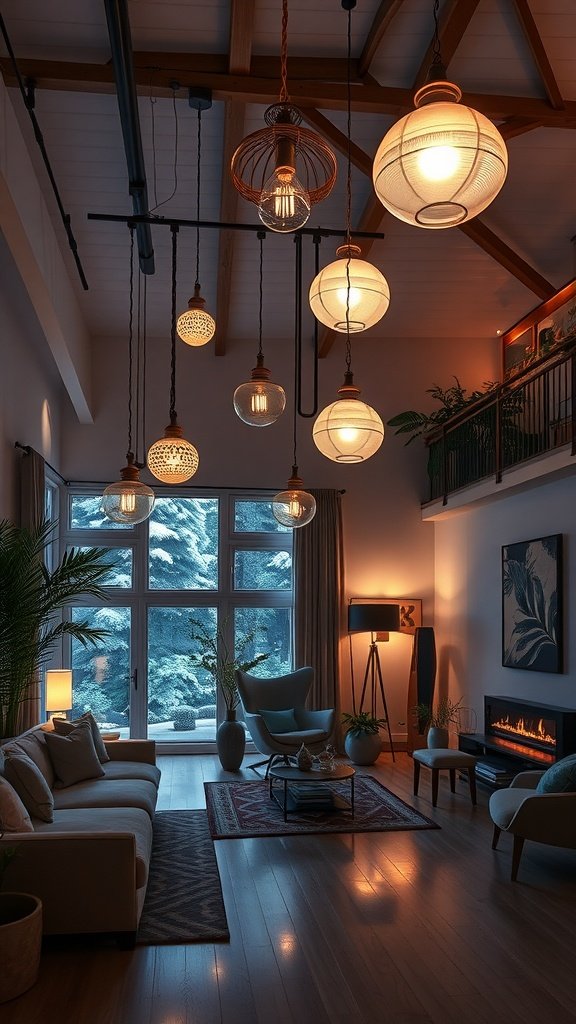 A luxurious living room with various hanging light fixtures, a cozy sofa, large windows showing a snowy landscape, and warm lighting.