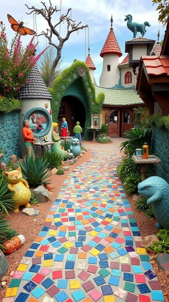 Colorful mosaic pathway leading to a whimsical home with unique sculptures and greenery