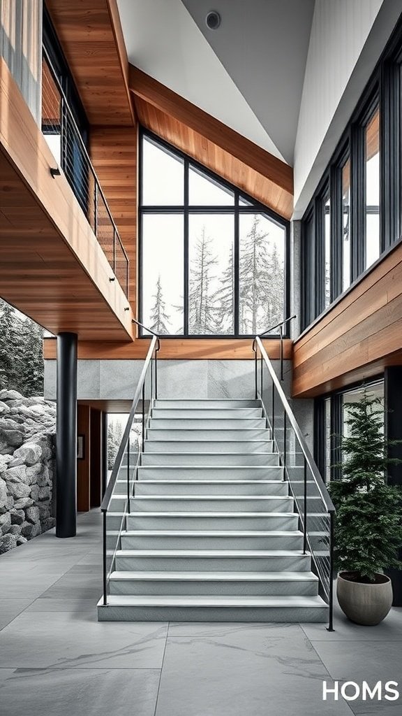 A modern staircase with stone steps and wooden accents, large windows providing natural light, and a view of trees outside.