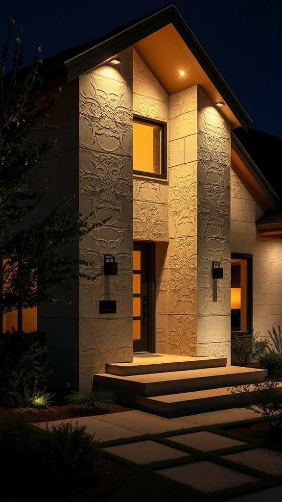 A beautifully lit precast concrete facade of a modern home at night, showcasing intricate textures and a welcoming entrance.
