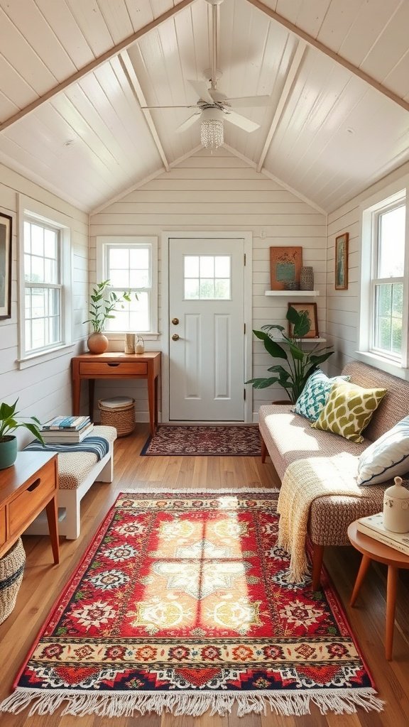 Cozy interior of a mid-century modern tiny house with vibrant textiles including a colorful area rug and patterned throw pillows.