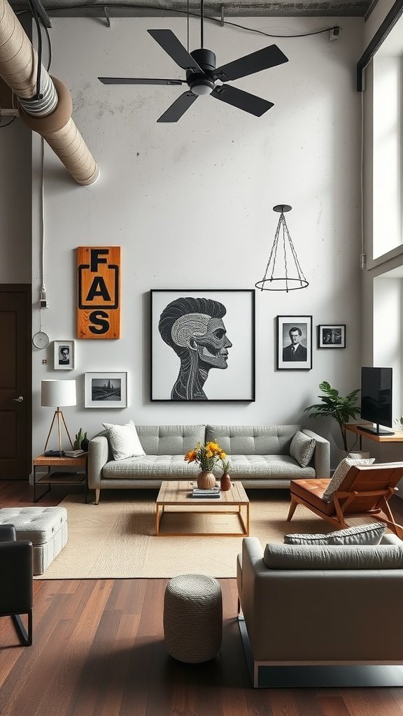 A stylish modern loft living room with artful wall decor, featuring black and white artwork, a wooden sign, and greenery.