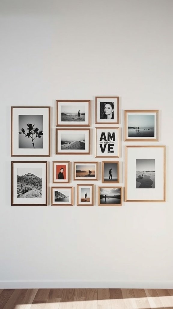 A collection of framed black and white photographs arranged on a wall in a modern loft.