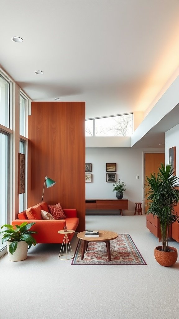 A living room featuring a wooden wall divider, an orange sofa, and plants, showcasing mid-century modern design.