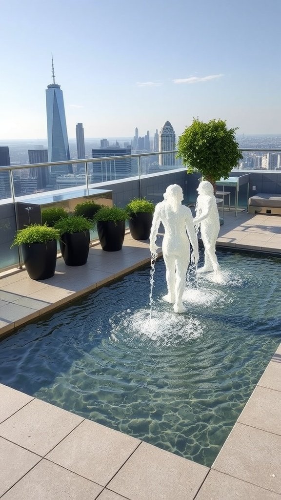A luxurious penthouse terrace featuring a serene water fountain with two sculptural figures, surrounded by greenery and a stunning city skyline.