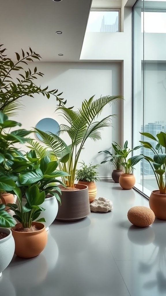 Indoor garden in a luxury penthouse with various green plants in stylish pots.