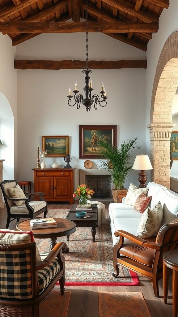 A charming living room featuring artisan-crafted furniture, high wooden ceilings, and elegant decor