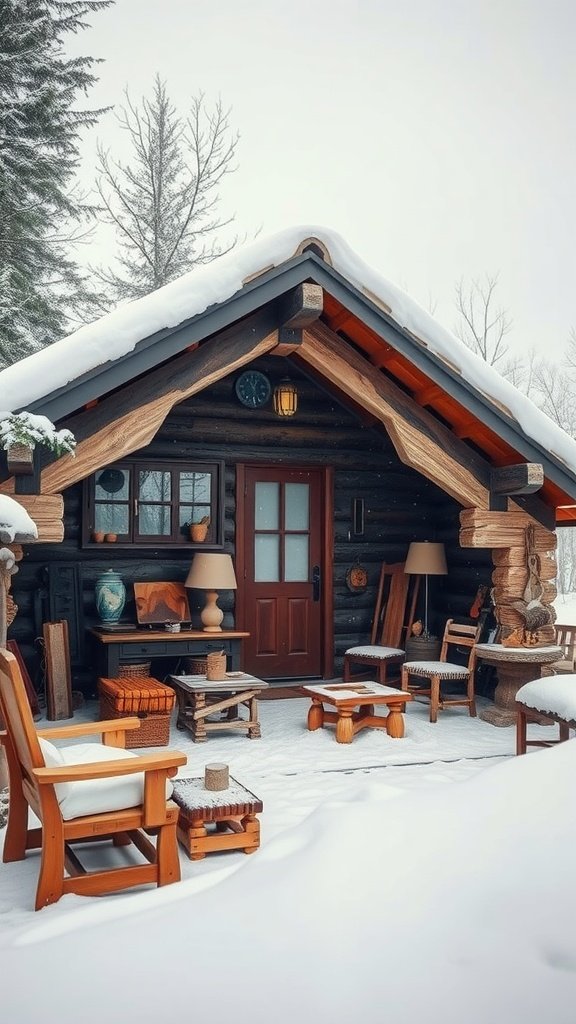 A cozy artisan cabin surrounded by snow, featuring handcrafted furniture on the porch.