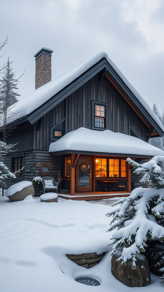 Artisan cabin with dark wooden exterior and snow-covered landscape