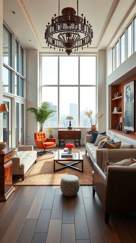 A bright and stylish living room featuring large windows, a chandelier, cozy sofas, and artisan decor elements.