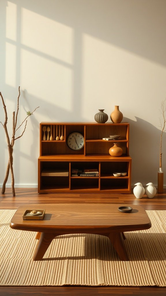 Modern Japanese loft interior featuring a wooden coffee table, a shelving unit with pottery, and natural light.