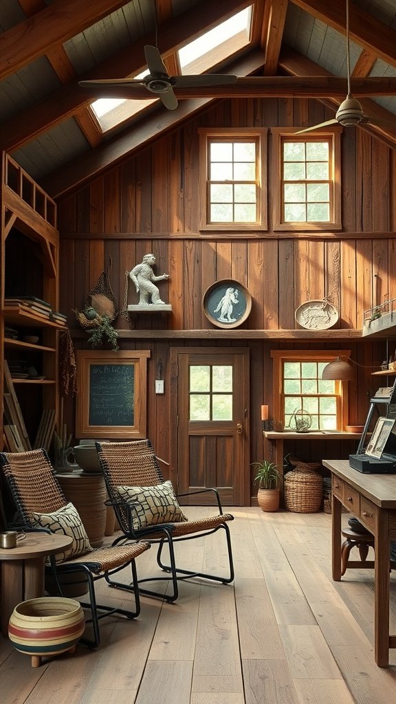 Interior of a rustic artisan farmhouse with wooden walls, large windows, and handcrafted furniture.