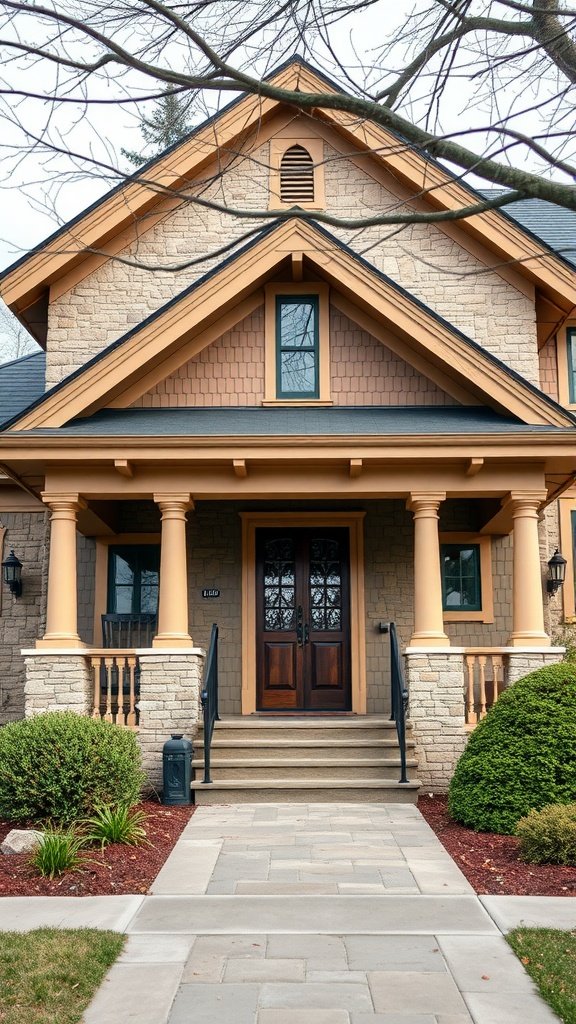 A beautiful stone exterior craftsman house with wooden accents and a welcoming porch.