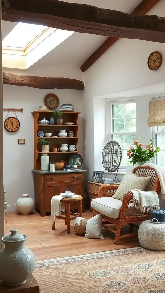 A cozy living room with wooden beams, a comfortable chair, a wooden shelf filled with pottery, and fresh flowers by the window.