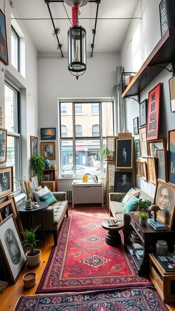 A cozy East Village loft filled with artwork, plants, and eclectic furniture.