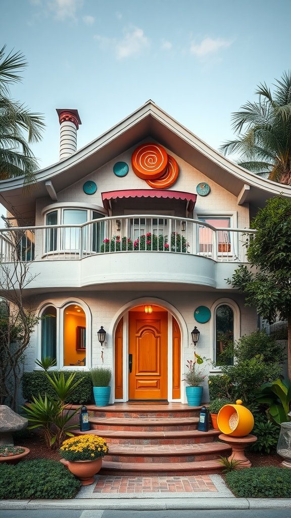 A colorful artistic avant-garde home with a vibrant orange swirl on the facade, surrounded by greenery and colorful pots.