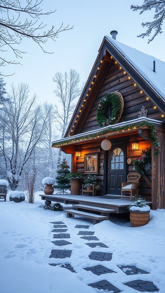 A cozy cabin decorated for winter with snow-covered surroundings.