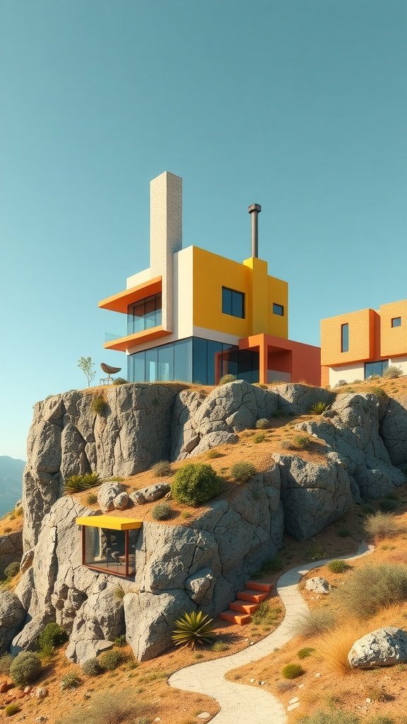 A whimsical hillside house with a red door, surrounded by a vibrant landscape and colorful spheres.