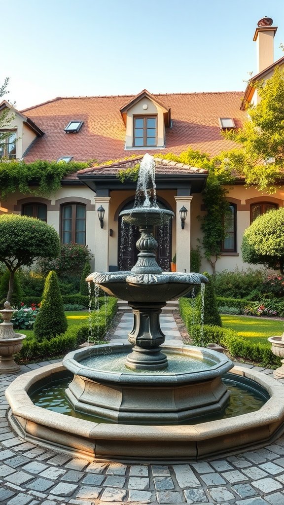 An elegant fountain surrounded by beautifully landscaped gardens in a French Mediterranean home.