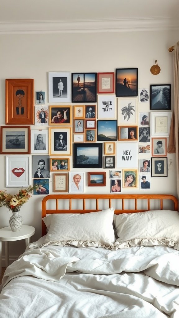 A bedroom featuring a colorful gallery wall filled with various framed photos and art pieces, alongside a cozy bed.