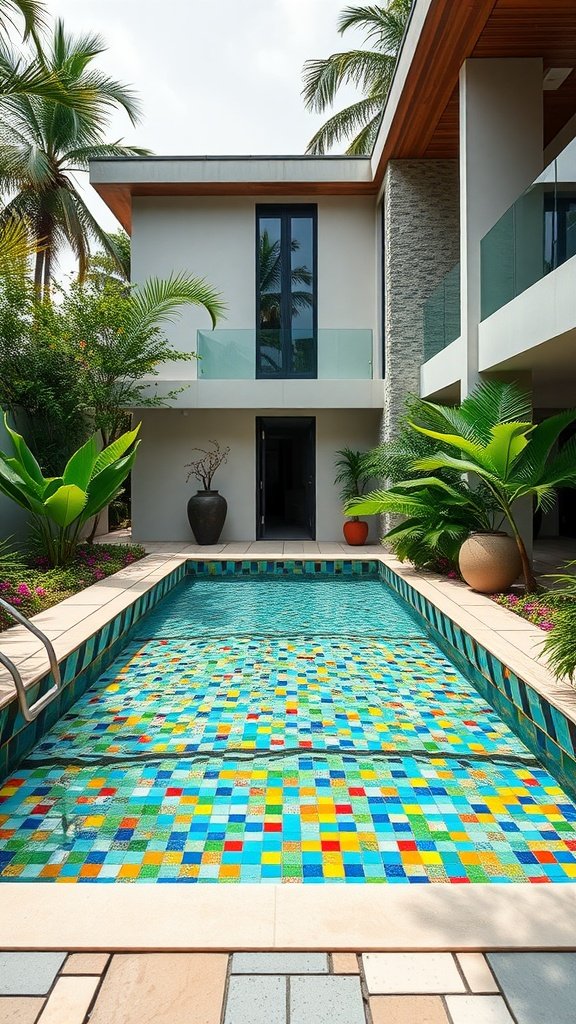 A colorful mosaic tiled pool surrounded by tropical plants and a modern house.