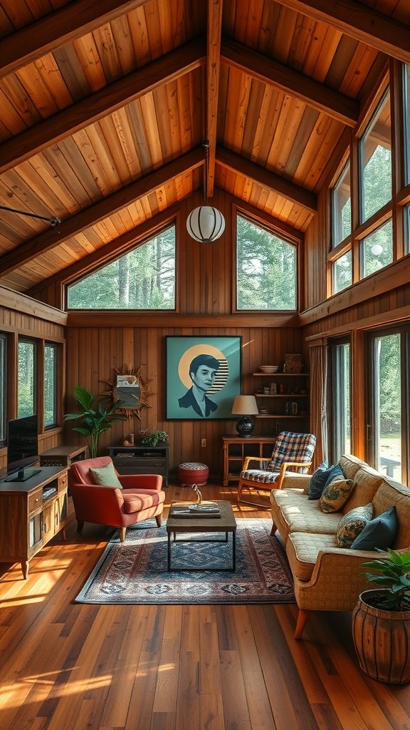 Interior of a mid-century modern cabin featuring wooden walls, artistic decor, and cozy furniture.