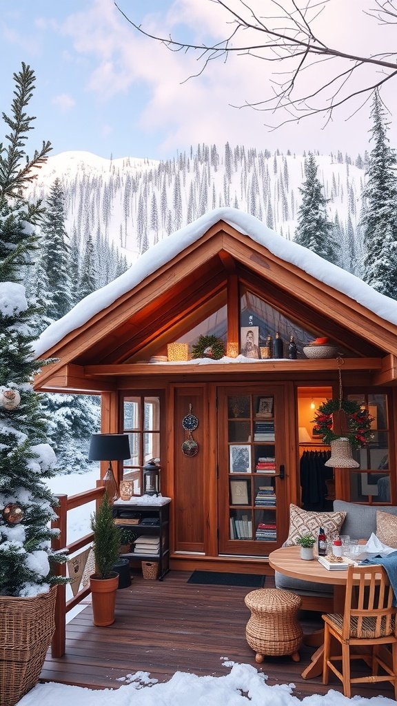 A cozy wooden loft cabin surrounded by snow-covered trees and mountains, featuring a welcoming porch and artistic decor.