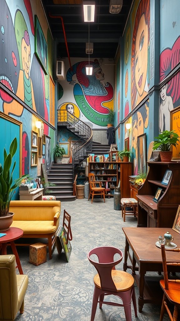 An artistic loft in Valencia featuring colorful murals, vintage furniture, and a cozy atmosphere.