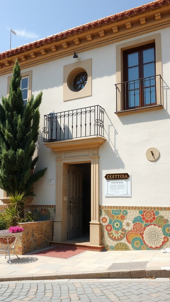 A Spanish house exterior featuring vibrant artistic mosaics along the lower wall, with a welcoming entrance and a balcony above.